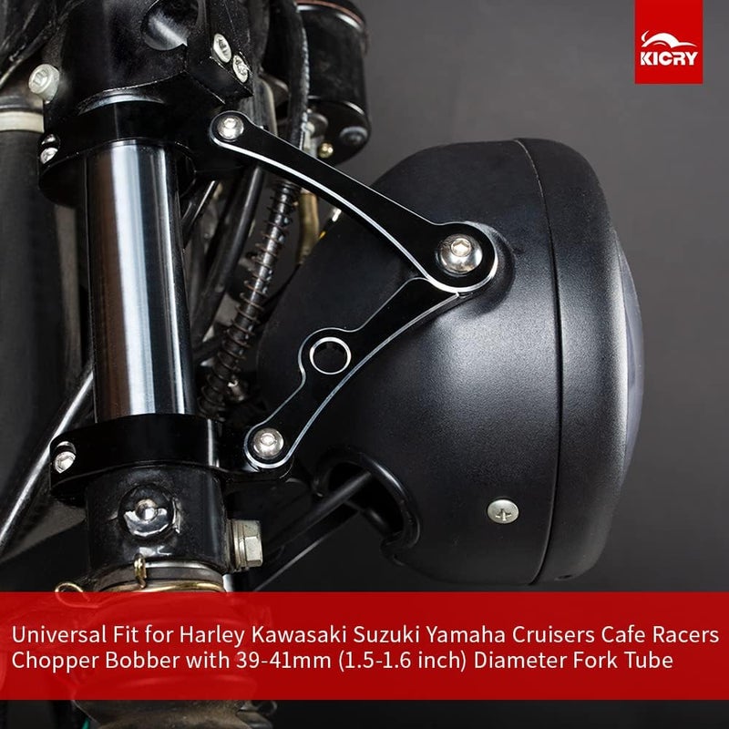 KICRY Universal Motorcycle Headlight Mounting Bracket Black 39-41mm Fork Tubes CNC Aluminum Head Lamp Holder Compatible with Harley Chopper Bobber Cafe Racer (Black, 39-41mm) - Image 2